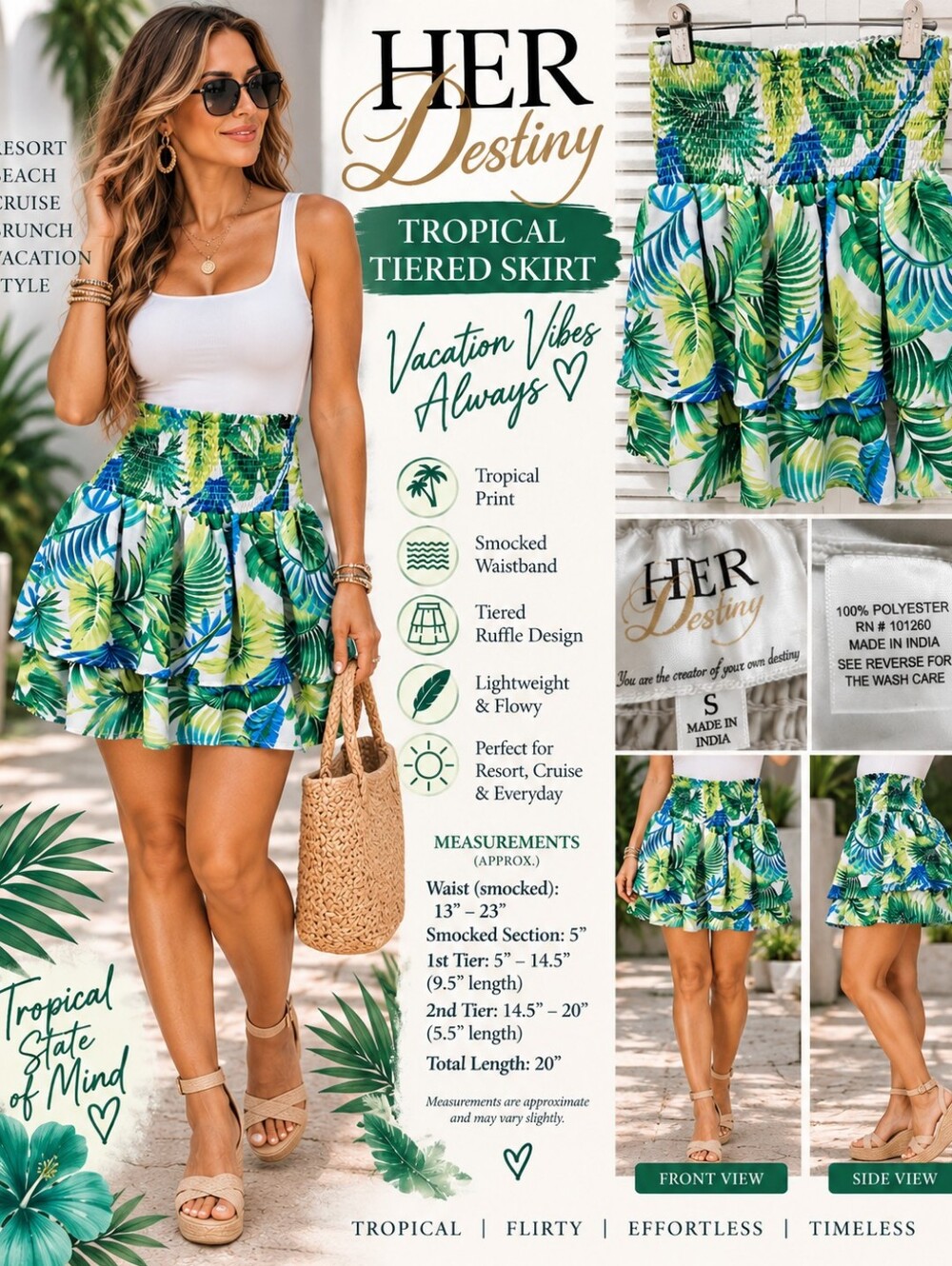 Her Destiny Tropical Palm Leaf Tiered Smocked Skirt Green Blue Size S